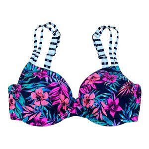 Venice Beach - Women's Floral Print Bikini Top - Black/Pink/Green - 34DD